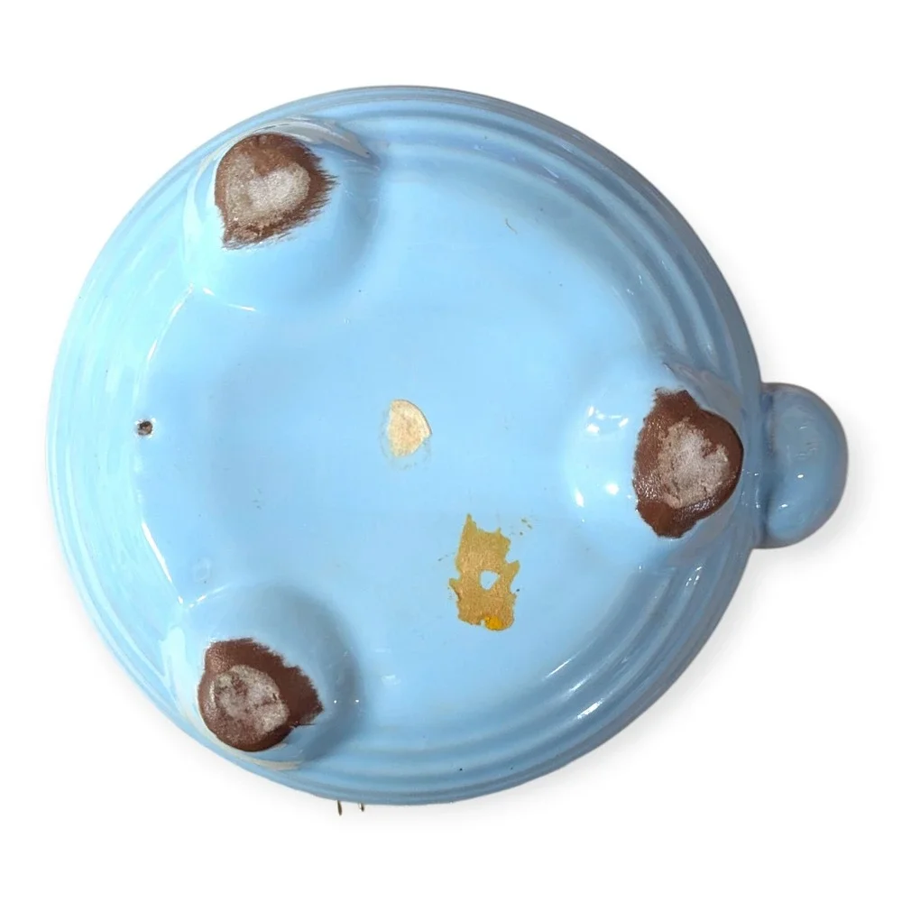 Vintage Art Deco Blue Ceramic Teapot Black Banded Tripod Feet Brass Coil‎ Handle